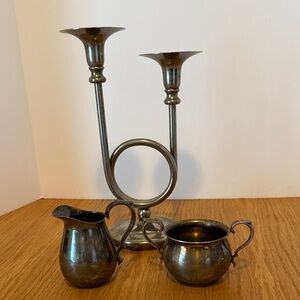 Reed & Barton Silver Plated Candlestick with Creamer and Sugar Set